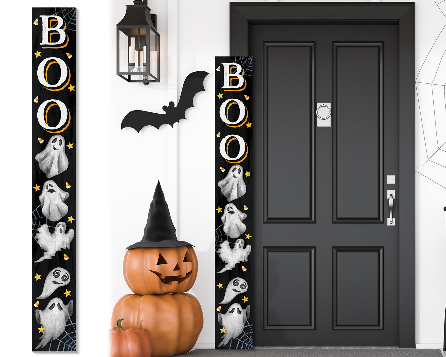 72in Wooden "BOO" Halloween Porch Sign with Ghost Pattern - Spooky Front Door Decor for Haunting Halloween Celebrations