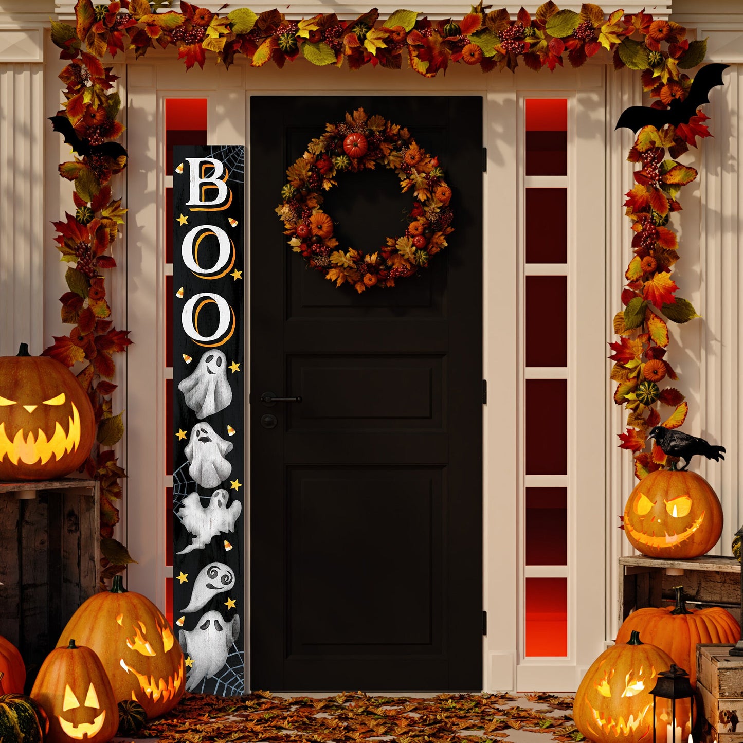 72in Wooden "BOO" Halloween Porch Sign with Ghost Pattern - Spooky Front Door Decor for Haunting Halloween Celebrations