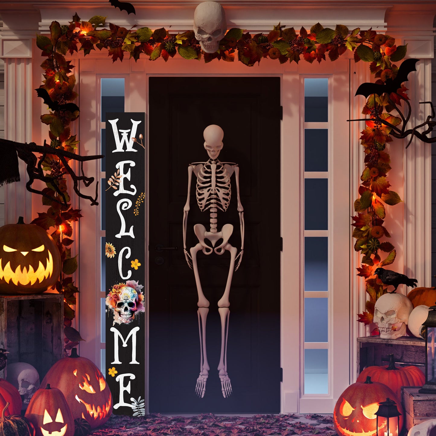 72in Sugar Skull Welcome Porch Sign - Festive Halloween Front Door Decor