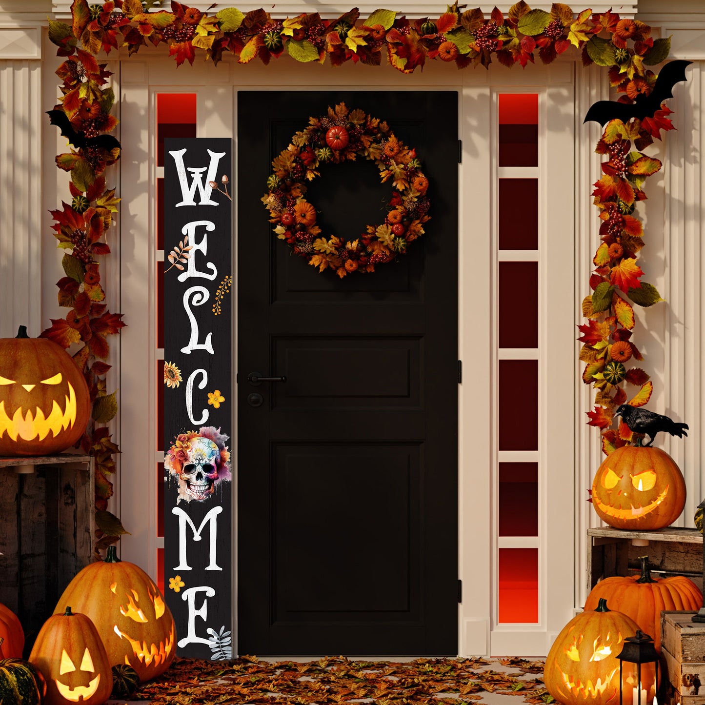 72in Sugar Skull Welcome Porch Sign - Festive Halloween Front Door Decor