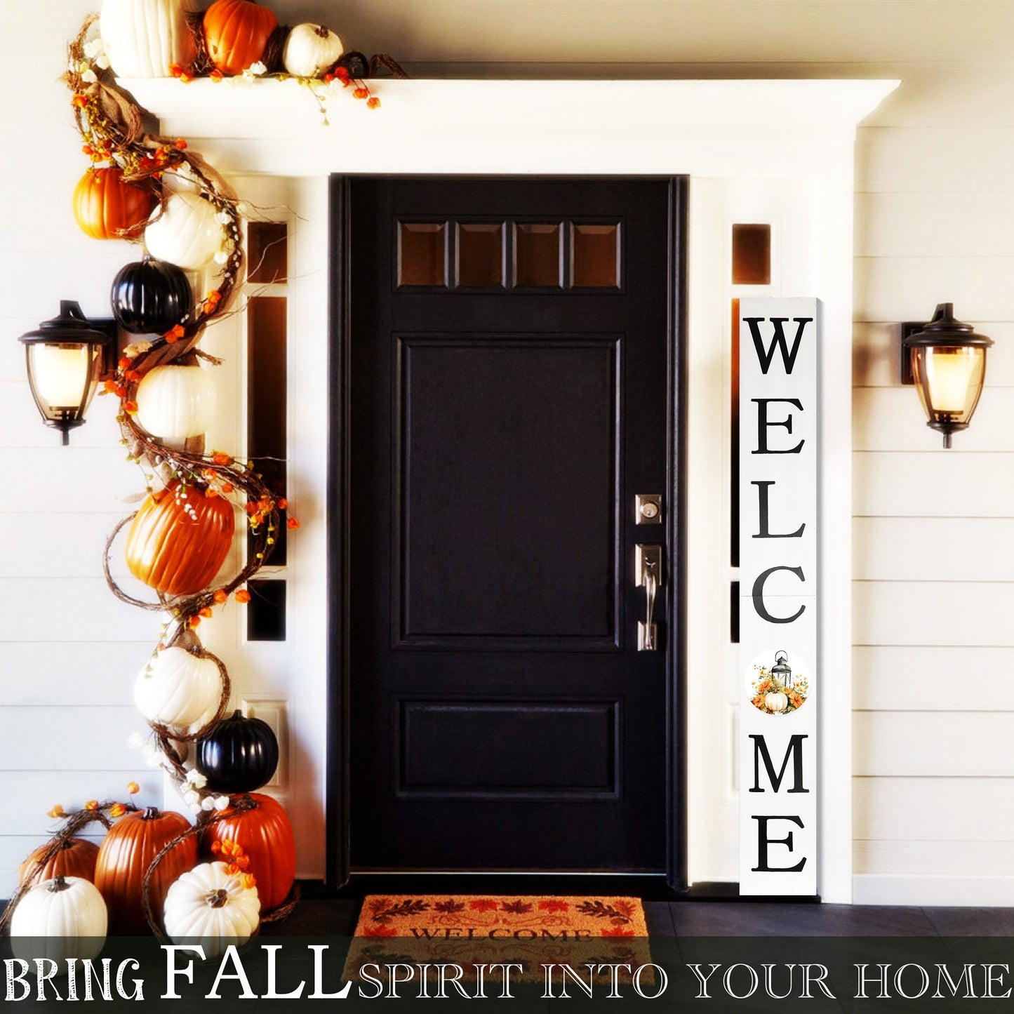 72in "Welcome" Fall Porch Sign with Lantern Design - White Porch Board Decor for Front Door during Autumn and Thanksgiving Celebrations