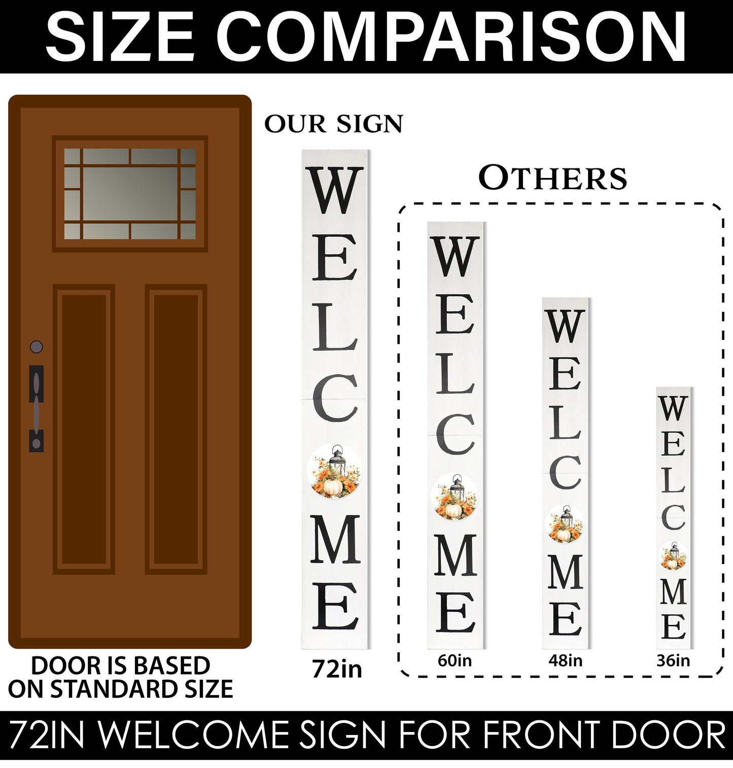 72in "Welcome" Fall Porch Sign with Lantern Design - White Porch Board Decor for Front Door during Autumn and Thanksgiving Celebrations