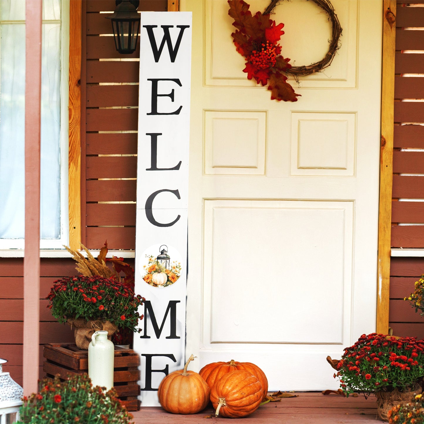 72in "Welcome" Fall Porch Sign with Lantern Design - White Porch Board Decor for Front Door during Autumn and Thanksgiving Celebrations