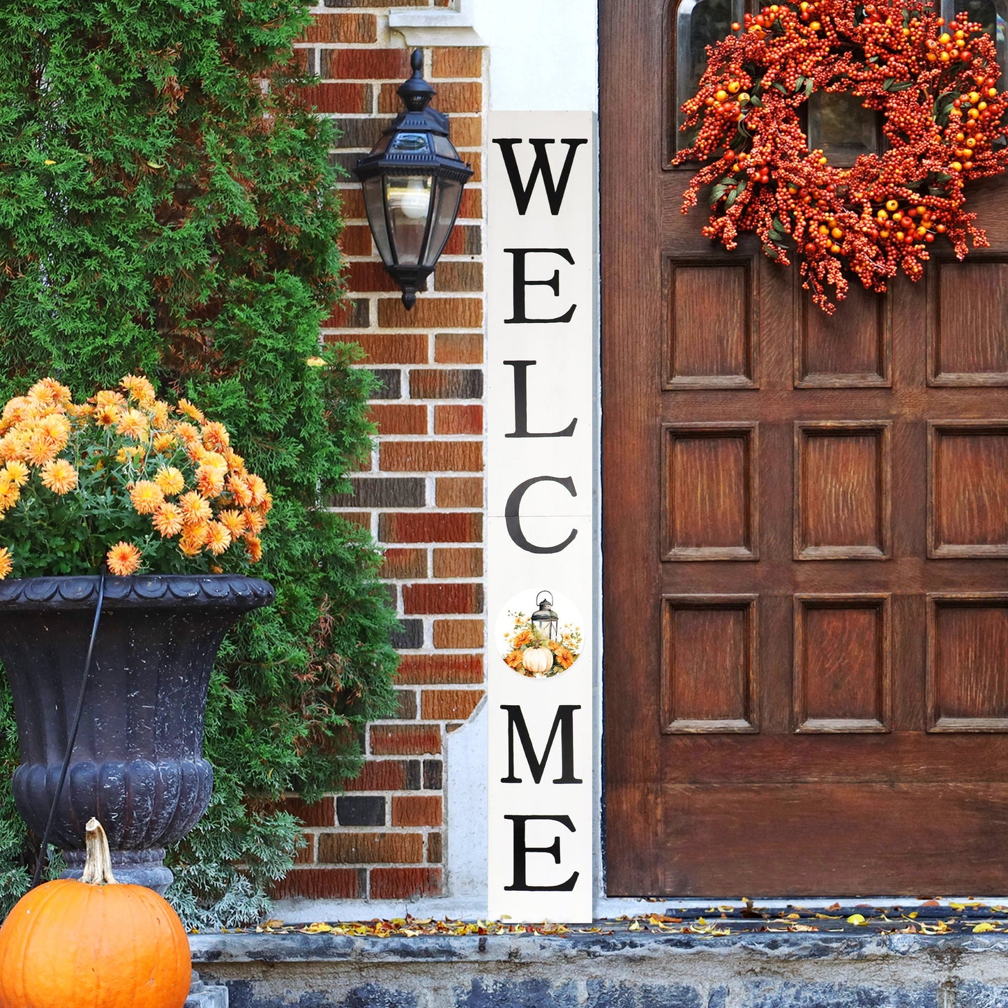 72in "Welcome" Fall Porch Sign with Lantern Design - White Porch Board Decor for Front Door during Autumn and Thanksgiving Celebrations