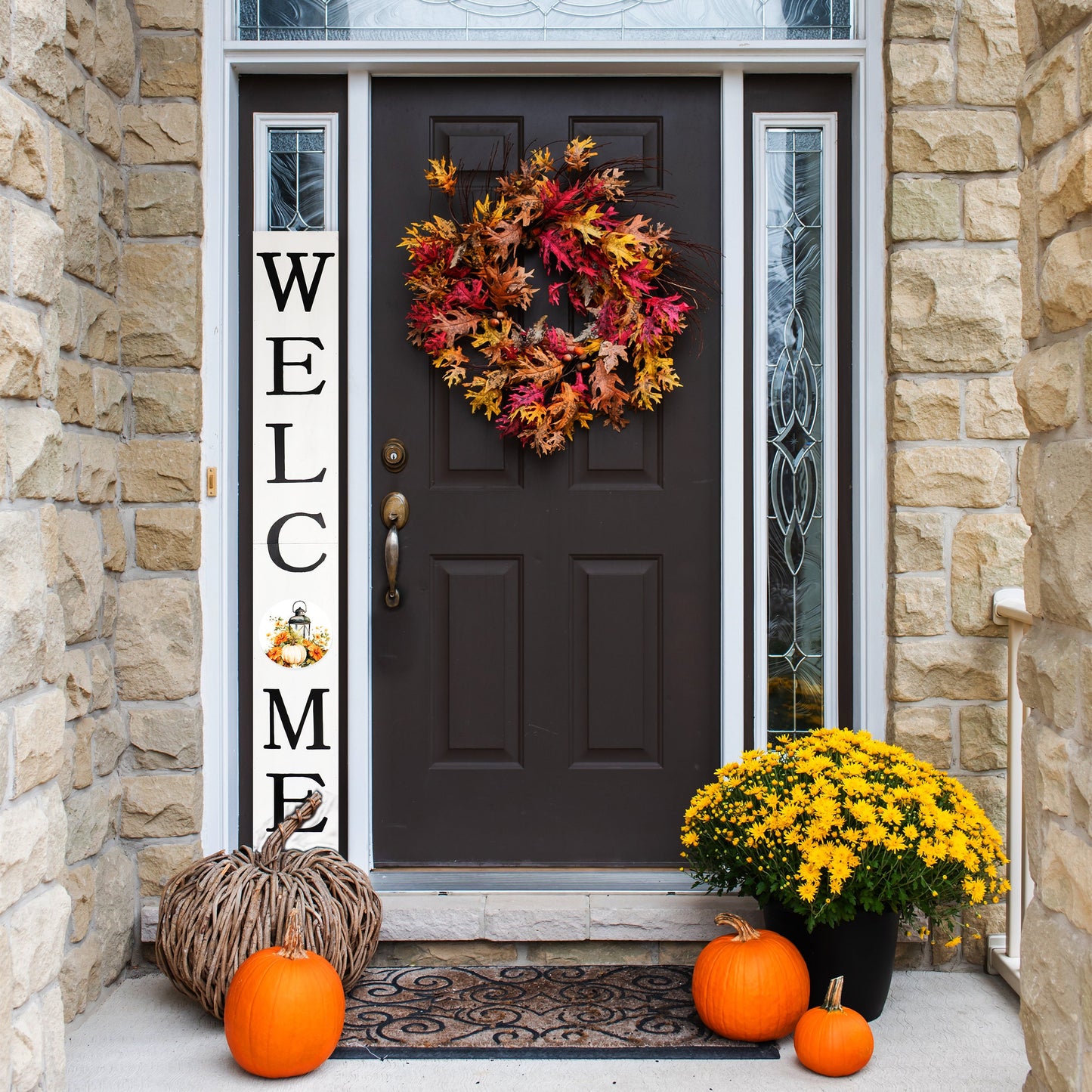 72in "Welcome" Fall Porch Sign with Lantern Design - White Porch Board Decor for Front Door during Autumn and Thanksgiving Celebrations