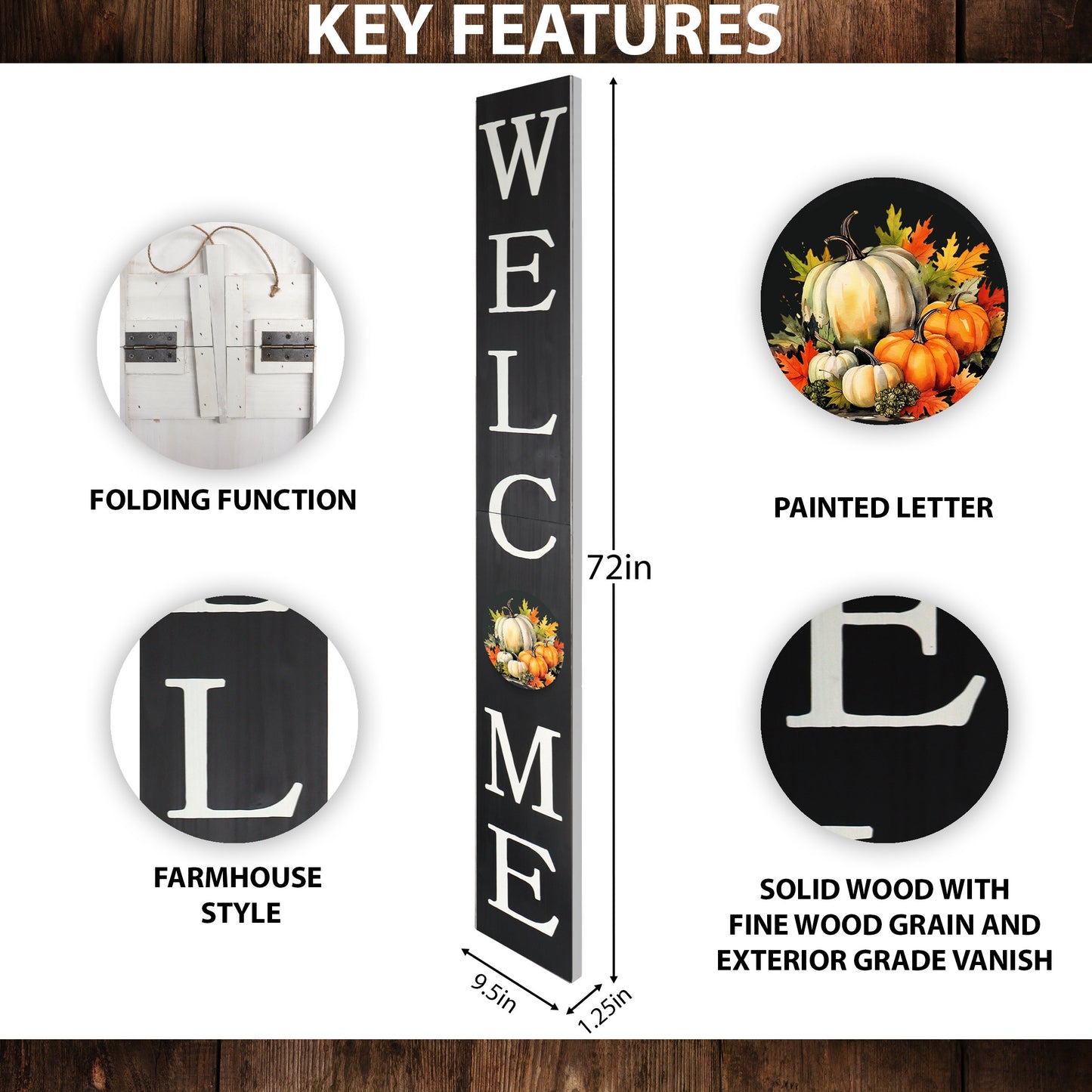 72in "Welcome" Fall Porch Sign with Pumpkins Design - Black Porch Board Decor for Front Door during Autumn and Thanksgiving Celebrations