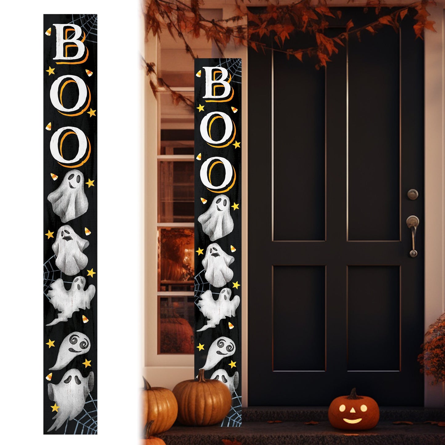 72in Wooden "BOO" Halloween Porch Sign with Ghost Pattern - Spooky Front Door Decor for Haunting Halloween Celebrations