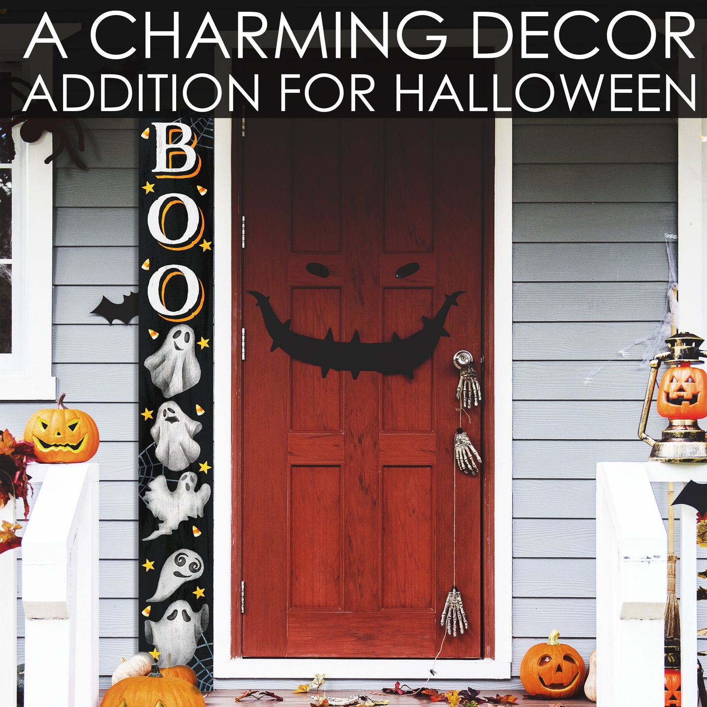 72in Wooden "BOO" Halloween Porch Sign with Ghost Pattern - Spooky Front Door Decor for Haunting Halloween Celebrations