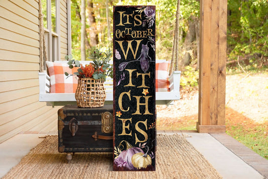 36in "It's October Witches" Halloween Porch Sign - Front Porch Halloween Welcome Sign, Rustic Modern Farmhouse Entryway Decor