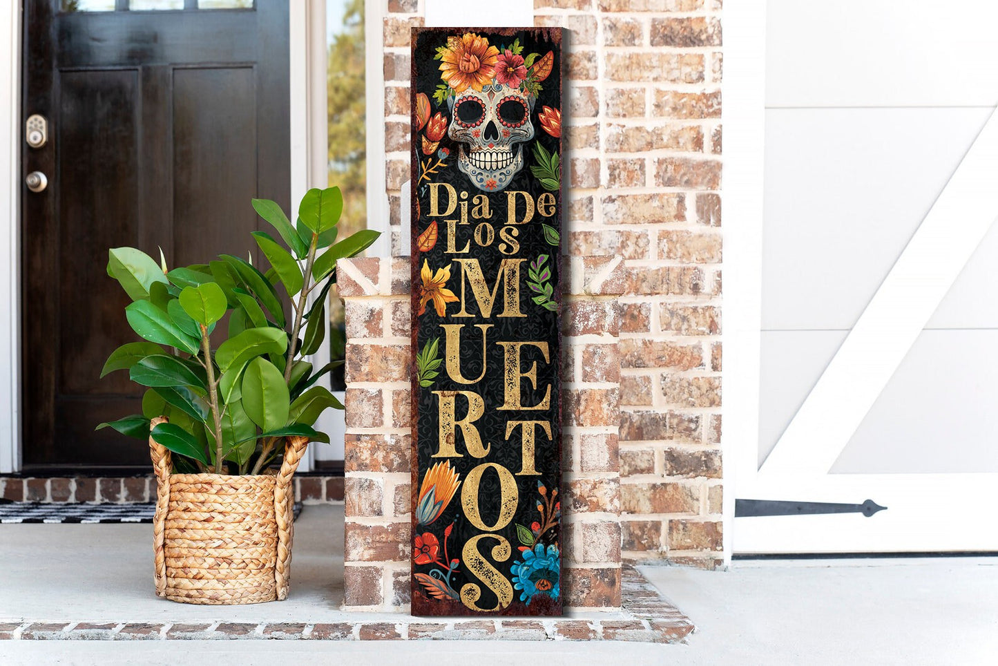 36in Dia De Los Muertos Sugar Skull Porch Sign - Front Porch Day of the Dead Sign Hanging, Rustic Modern Farmhouse Entryway Decor