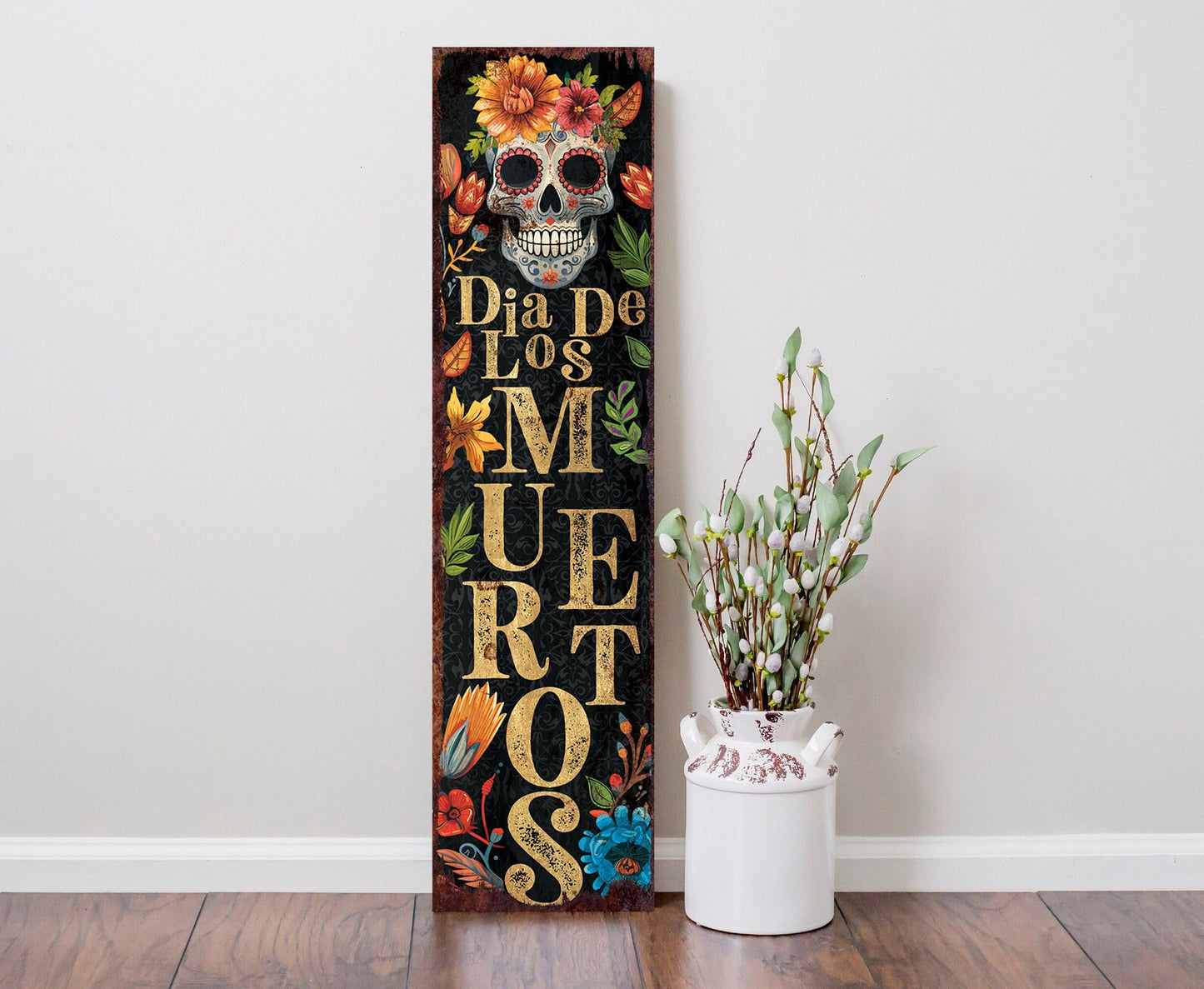 36in Dia De Los Muertos Sugar Skull Porch Sign - Front Porch Day of the Dead Sign Hanging, Rustic Modern Farmhouse Entryway Decor