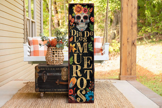 36in Dia De Los Muertos Sugar Skull Porch Sign - Front Porch Day of the Dead Sign Hanging, Rustic Modern Farmhouse Entryway Decor