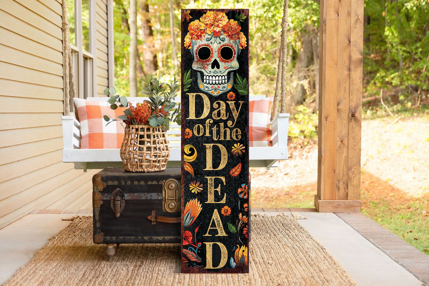 36in Day of the Dead Sugar Skull Porch Sign - Dia De Los Muertos Front Porch Sign, Rustic Modern Farmhouse Entryway Decor