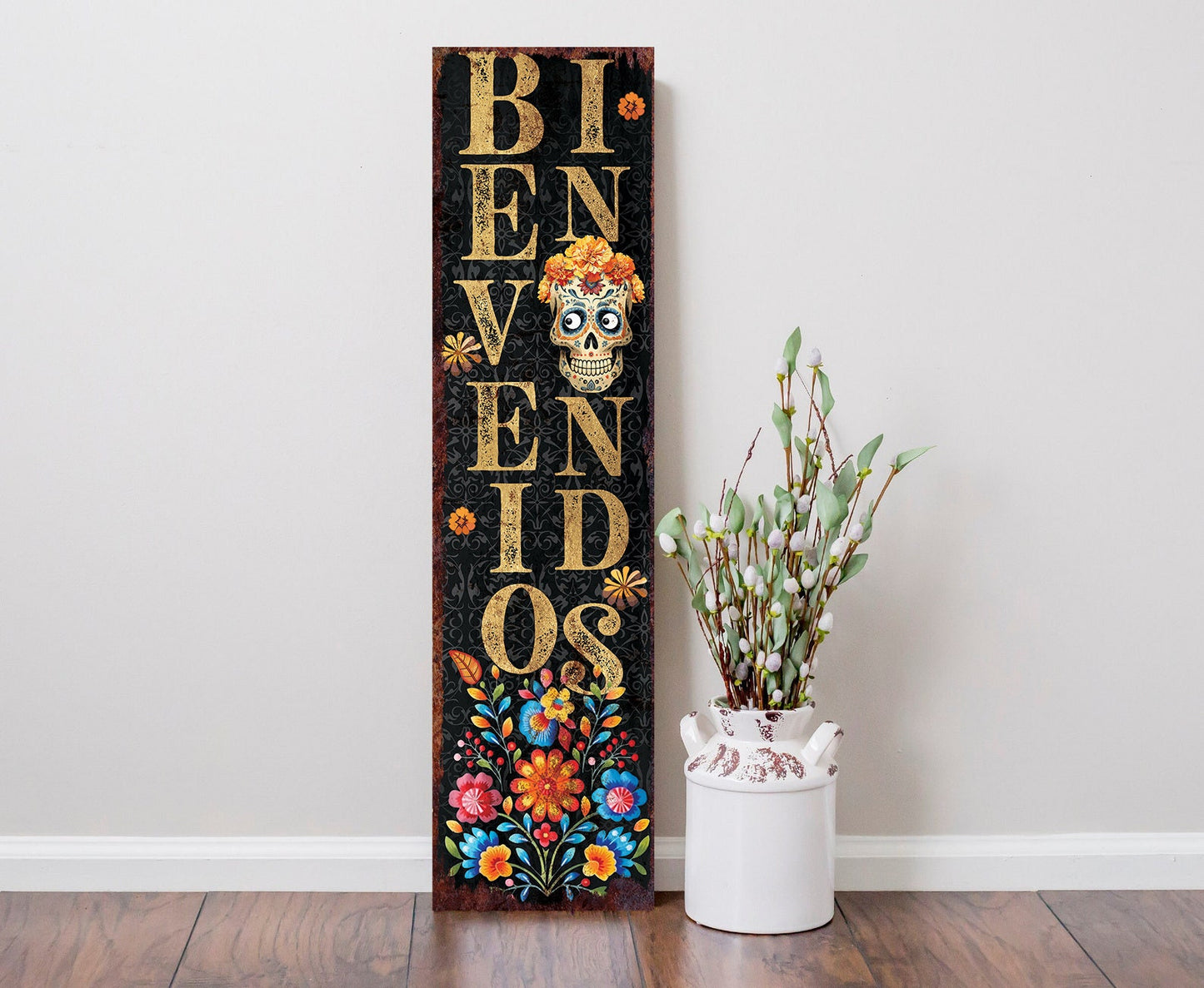 36in 'Bienvenidos' Sugar Skull Porch Sign - Dia De Los Muertos Porch Sign, Rustic Modern Farmhouse Entryway Decor