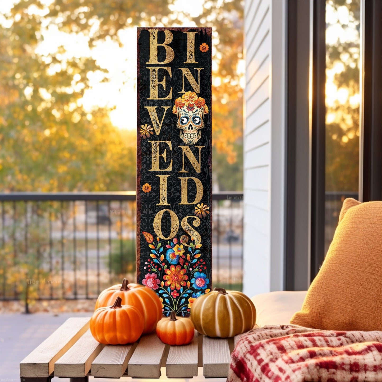 36in 'Bienvenidos' Sugar Skull Porch Sign - Dia De Los Muertos Porch Sign, Rustic Modern Farmhouse Entryway Decor