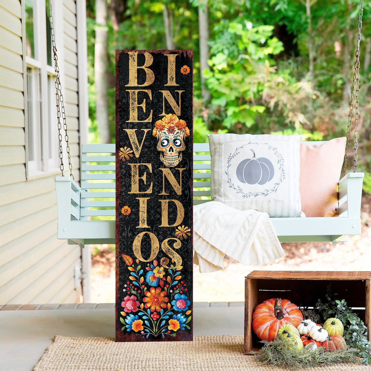 36in 'Bienvenidos' Sugar Skull Porch Sign - Dia De Los Muertos Porch Sign, Rustic Modern Farmhouse Entryway Decor