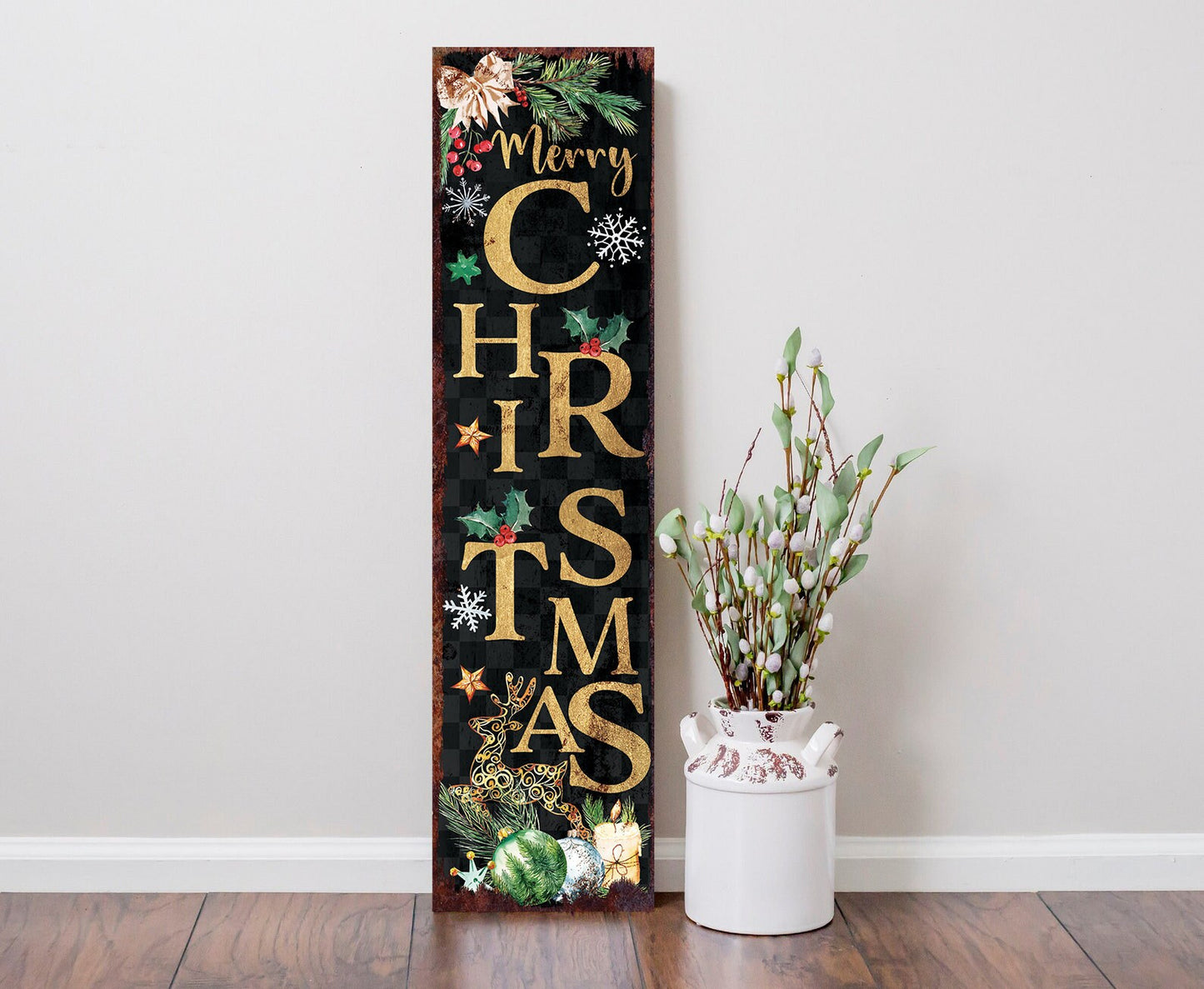 36in Merry Christmas Sign | Front Porch Vintage Decoration | Rustic Modern Farmhouse Entryway Snowman Decor for Front Door