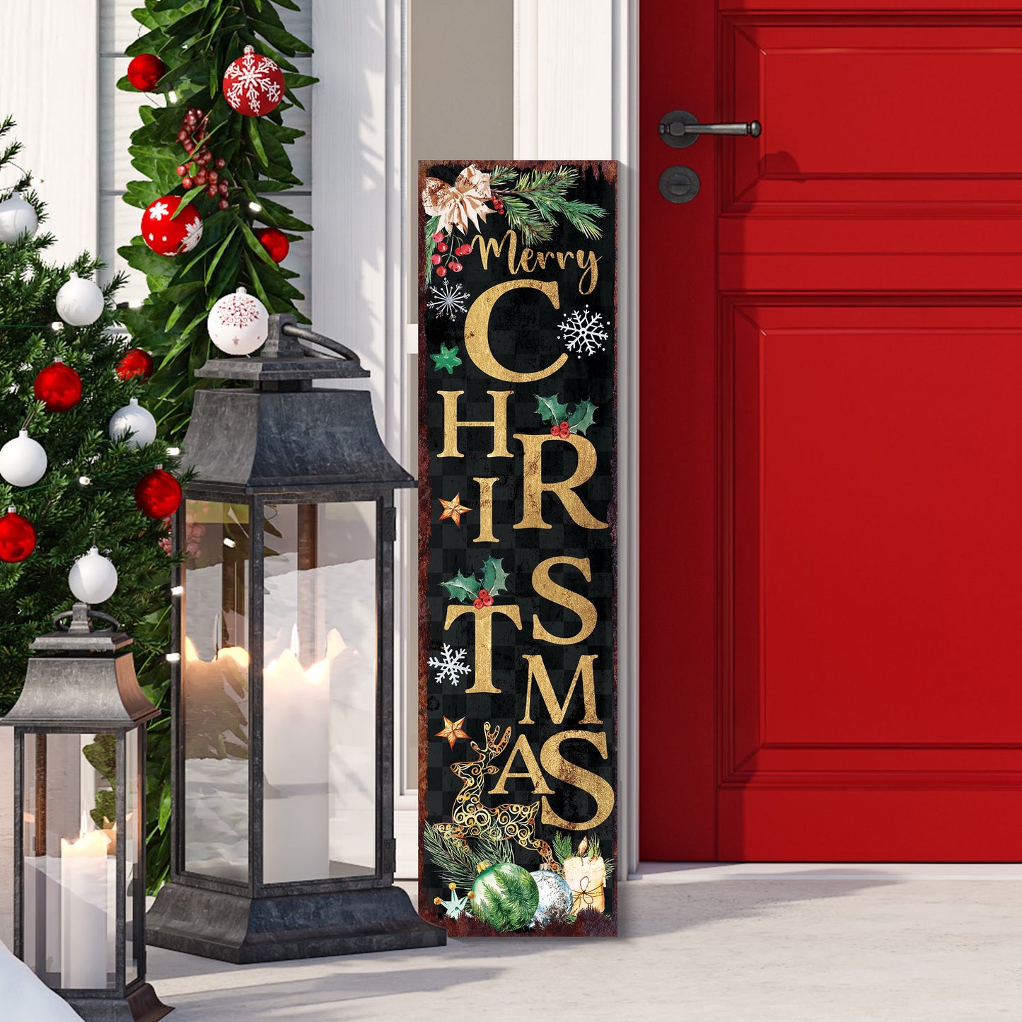 36in Merry Christmas Sign | Front Porch Vintage Decoration | Rustic Modern Farmhouse Entryway Snowman Decor for Front Door
