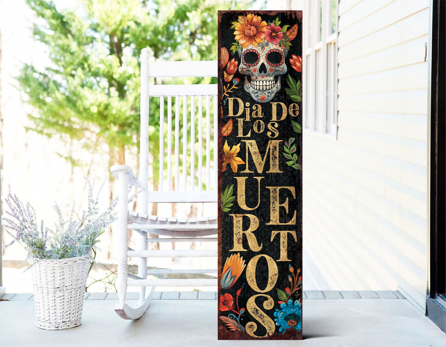 36in Dia De Los Muertos Sugar Skull Porch Sign - Front Porch Day of the Dead Sign Hanging, Rustic Modern Farmhouse Entryway Decor