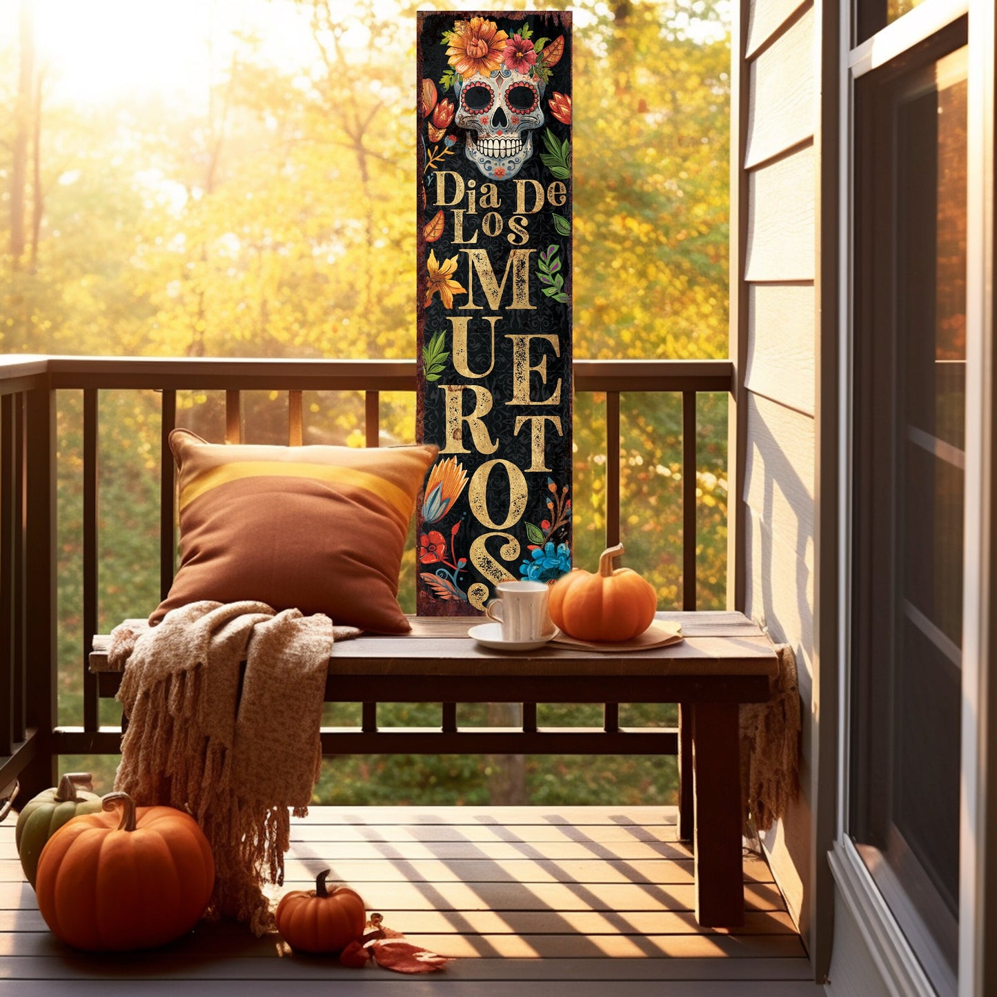 36in Dia De Los Muertos Sugar Skull Porch Sign - Front Porch Day of the Dead Sign Hanging, Rustic Modern Farmhouse Entryway Decor