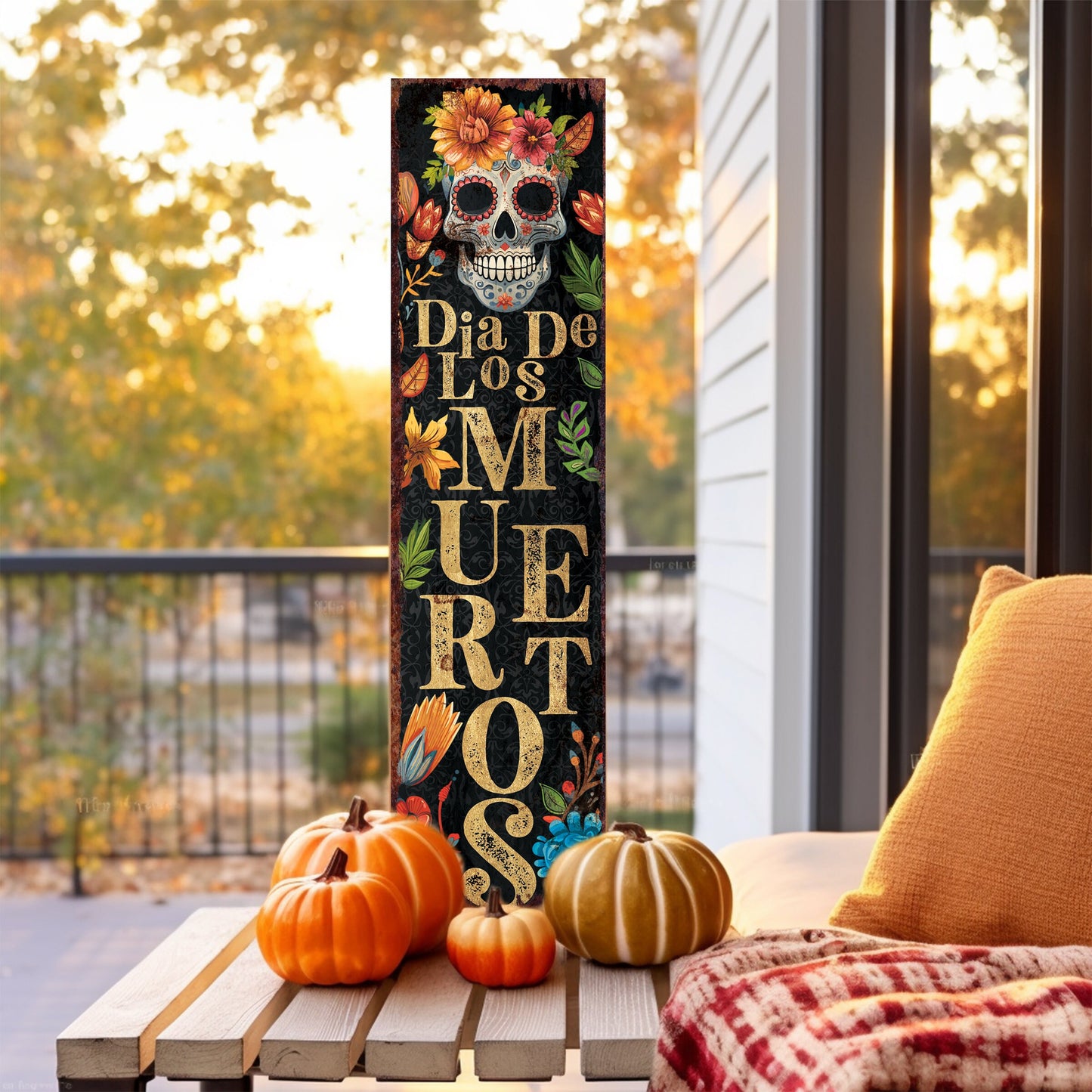 36in Dia De Los Muertos Sugar Skull Porch Sign - Front Porch Day of the Dead Sign Hanging, Rustic Modern Farmhouse Entryway Decor