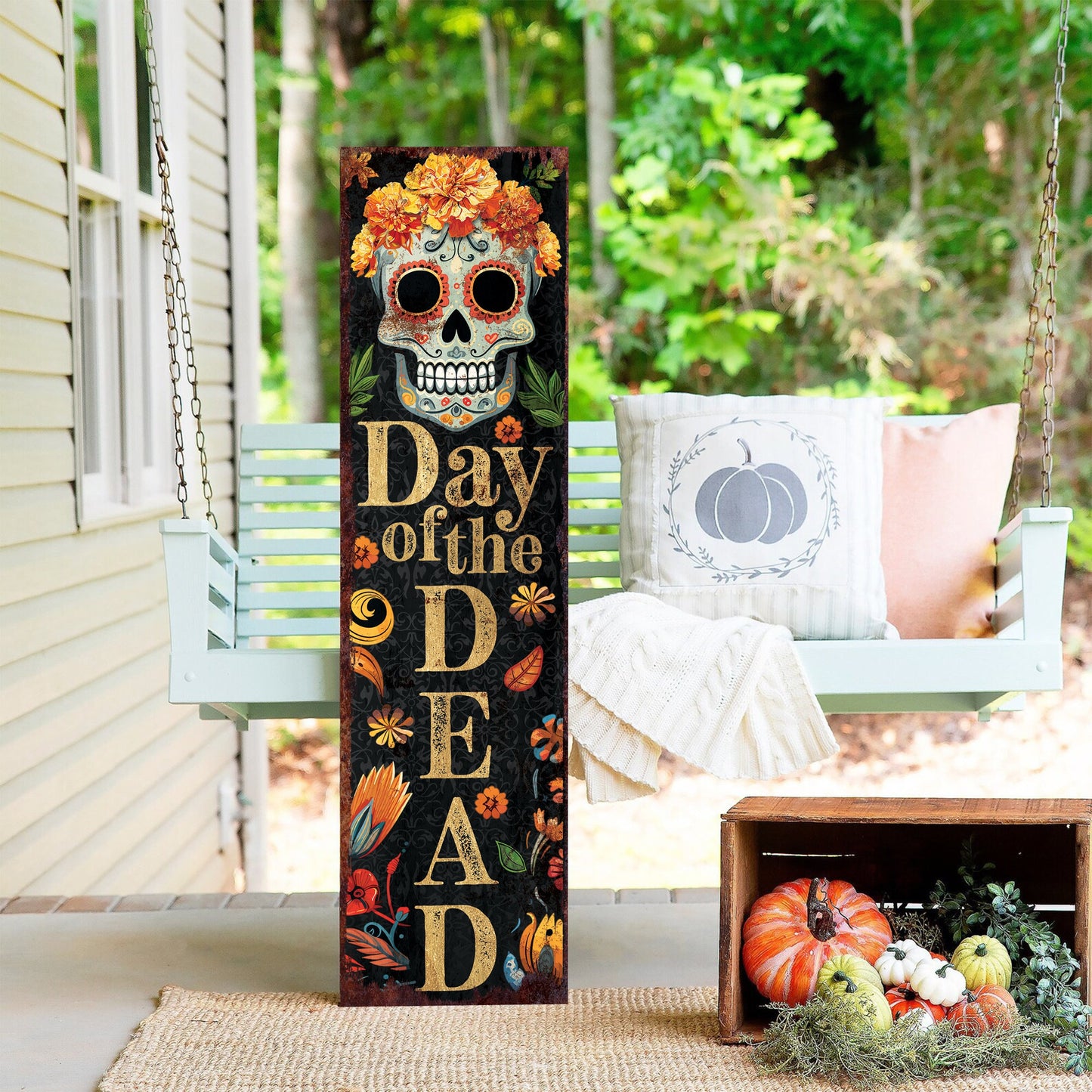 36in Day of the Dead Sugar Skull Porch Sign - Dia De Los Muertos Front Porch Sign, Rustic Modern Farmhouse Entryway Decor