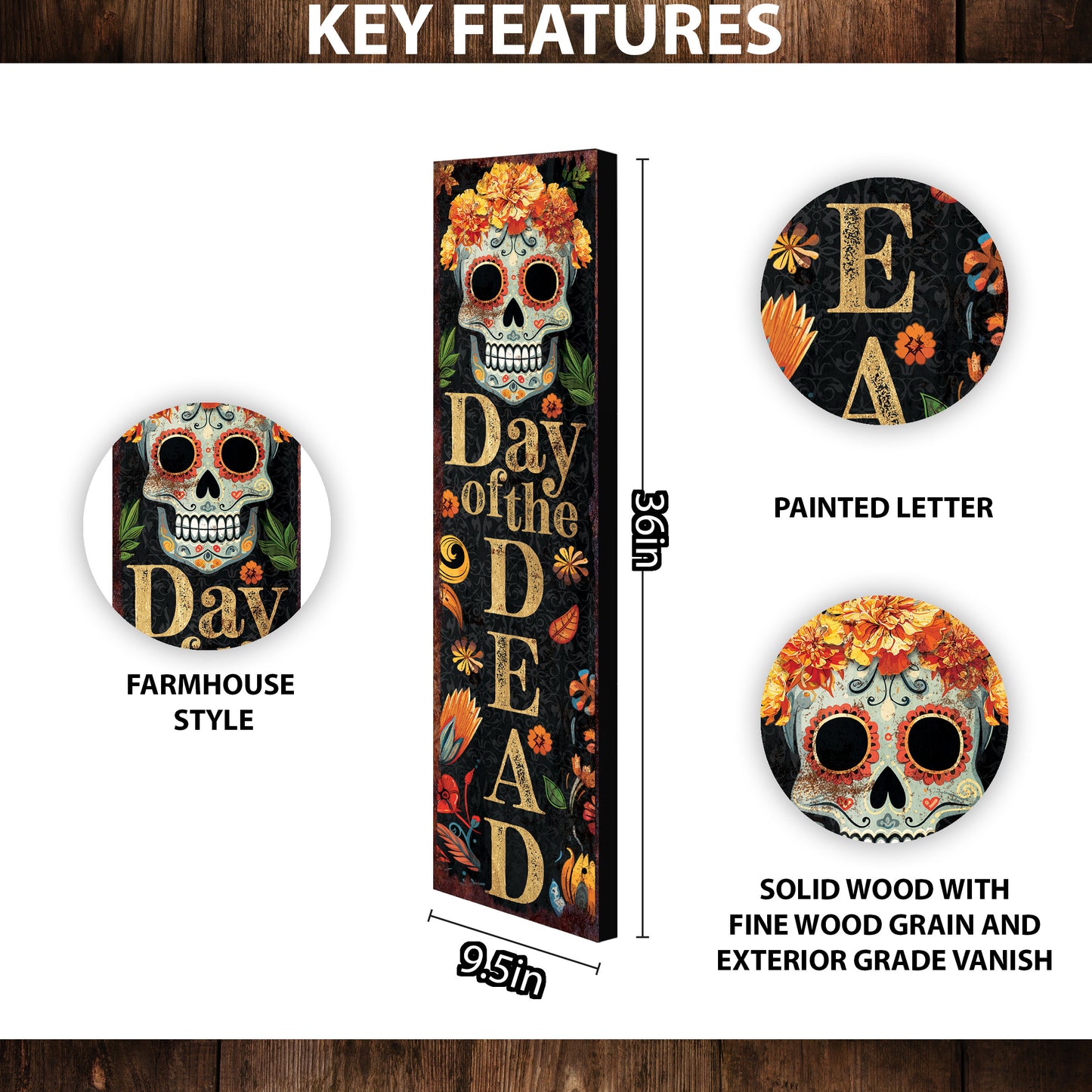 36in Day of the Dead Sugar Skull Porch Sign - Dia De Los Muertos Front Porch Sign, Rustic Modern Farmhouse Entryway Decor