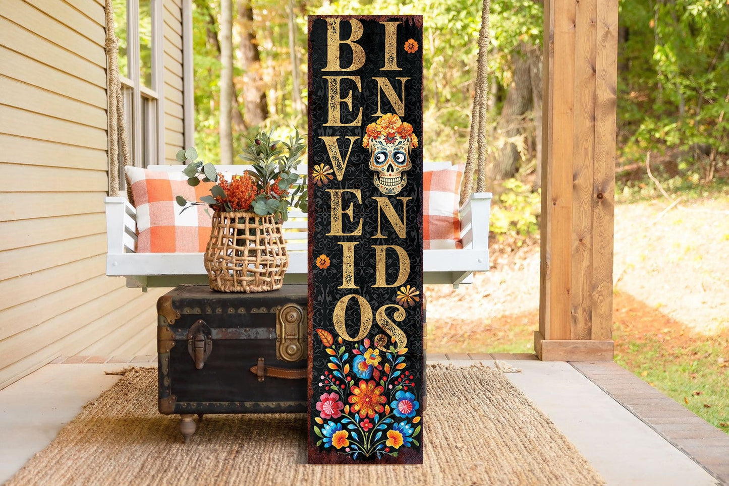 36in 'Bienvenidos' Sugar Skull Porch Sign - Dia De Los Muertos Porch Sign, Rustic Modern Farmhouse Entryway Decor