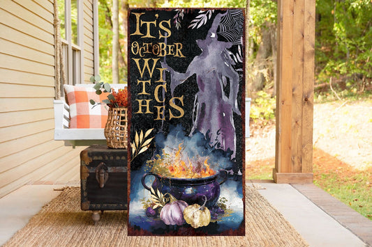 36in It's October Witches Halloween Porch Sign - Front Porch Halloween Welcome Sign, Rustic Modern Farmhouse Entryway Decor