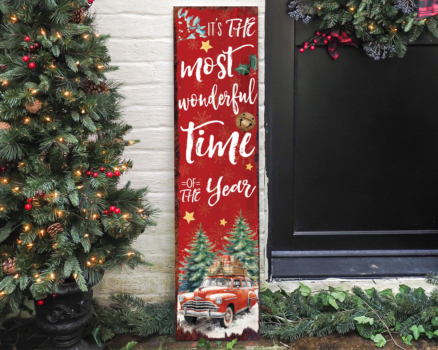 36in It's the Most Wonderful Time of the Year Christmas Porch Sign - Front Porch Christmas Welcome Sign, Modern Farmhouse Entryway Board