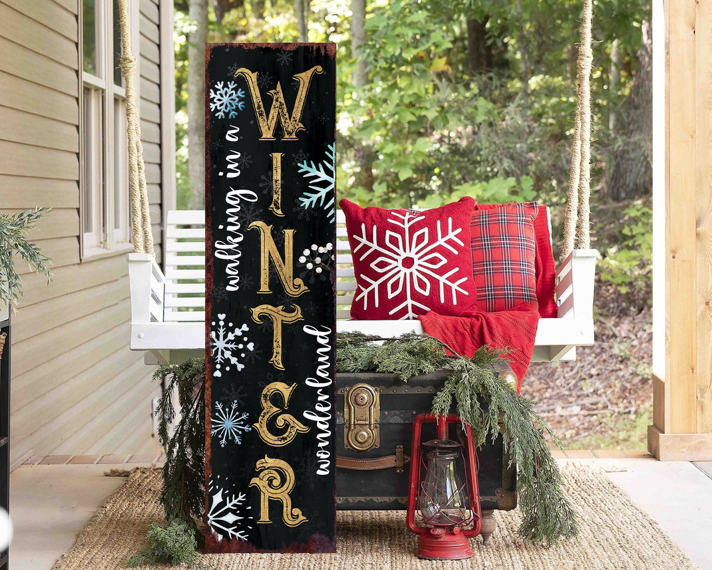 36in "Walking in a Winter Wonderland" Christmas Porch Sign - Front Porch Christmas Welcome Sign, Rustic Modern Farmhouse Entryway Board