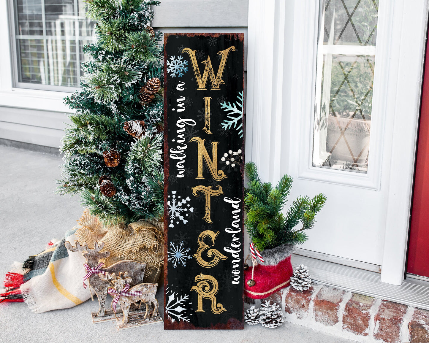 36in "Walking in a Winter Wonderland" Christmas Porch Sign - Front Porch Christmas Welcome Sign, Rustic Modern Farmhouse Entryway Board