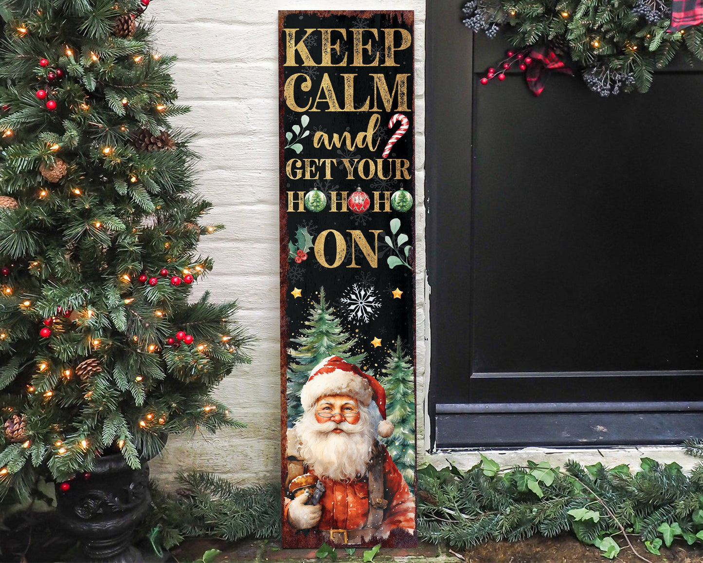 36in Keep Calm And Get Your Ho Ho Ho Christmas Porch Sign - Front Porch Christmas Welcome Sign, Rustic Modern Farmhouse Entryway Board