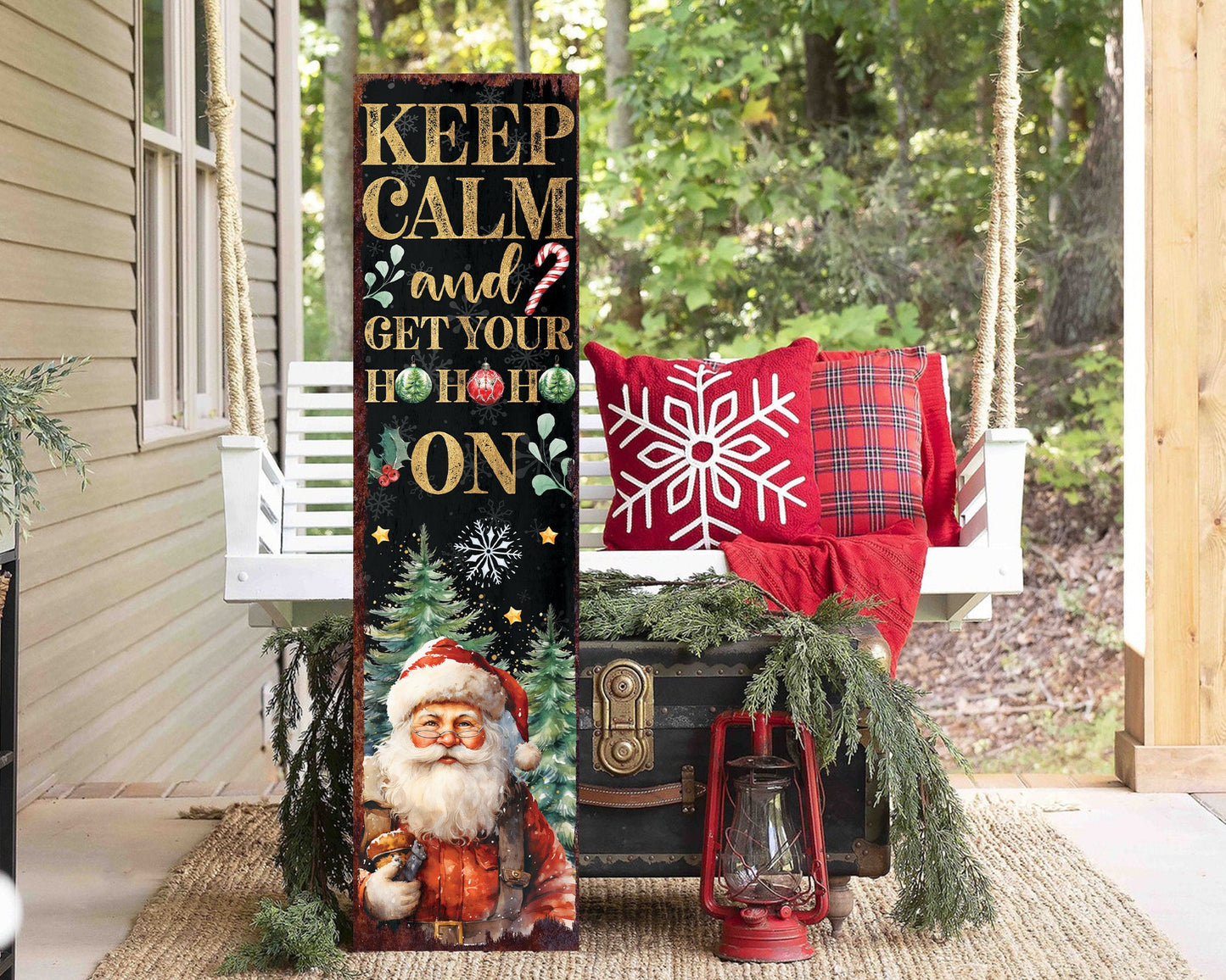 36in Keep Calm And Get Your Ho Ho Ho Christmas Porch Sign - Front Porch Christmas Welcome Sign, Rustic Modern Farmhouse Entryway Board