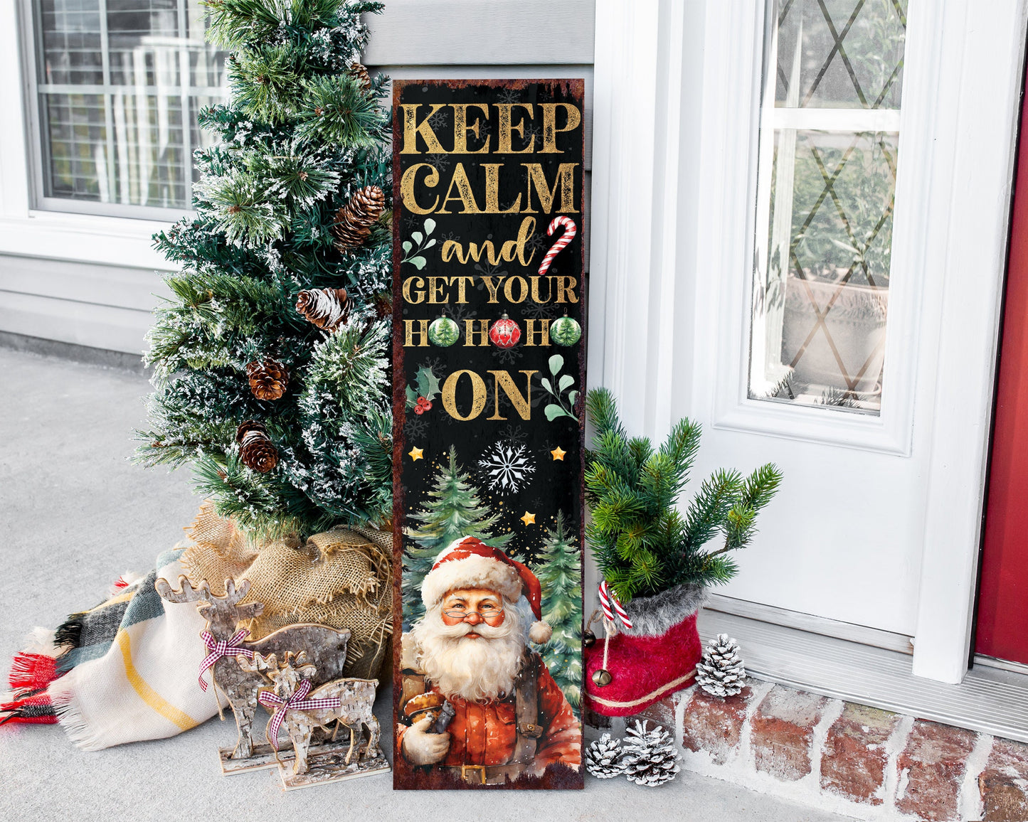 36in Keep Calm And Get Your Ho Ho Ho Christmas Porch Sign - Front Porch Christmas Welcome Sign, Rustic Modern Farmhouse Entryway Board