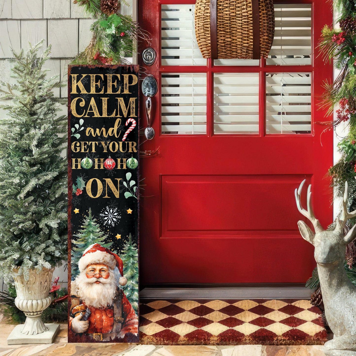 36in Keep Calm And Get Your Ho Ho Ho Christmas Porch Sign - Front Porch Christmas Welcome Sign, Rustic Modern Farmhouse Entryway Board