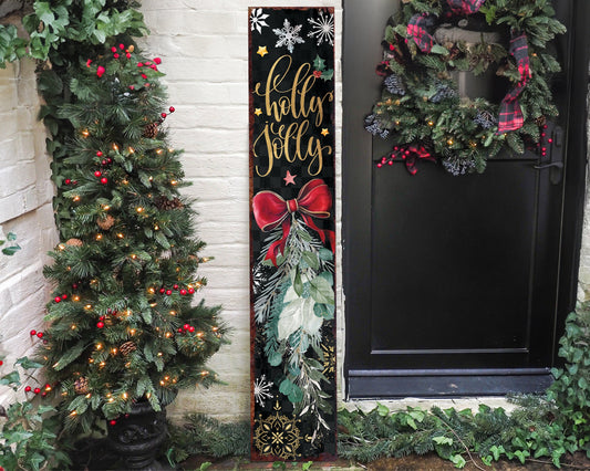 48in Holly Jolly Christmas Porch Sign - Front Porch Christmas Decor Welcome Sign, Rustic Modern Farmhouse Entryway Board