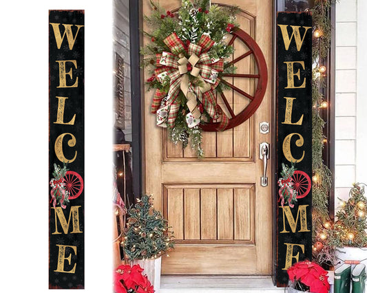 72in Welcome Wagon Wheel Wreath Pattern Porch Sign | Christmas Front Porch Decor | Vintage Holiday Outdoor Sign