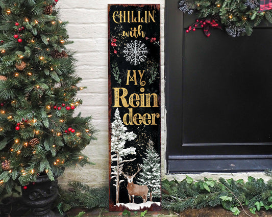 36in "Chillin' with My Reindeer" Christmas Porch Sign - Front Porch Christmas Welcome Sign, Rustic Modern Farmhouse Entryway Board