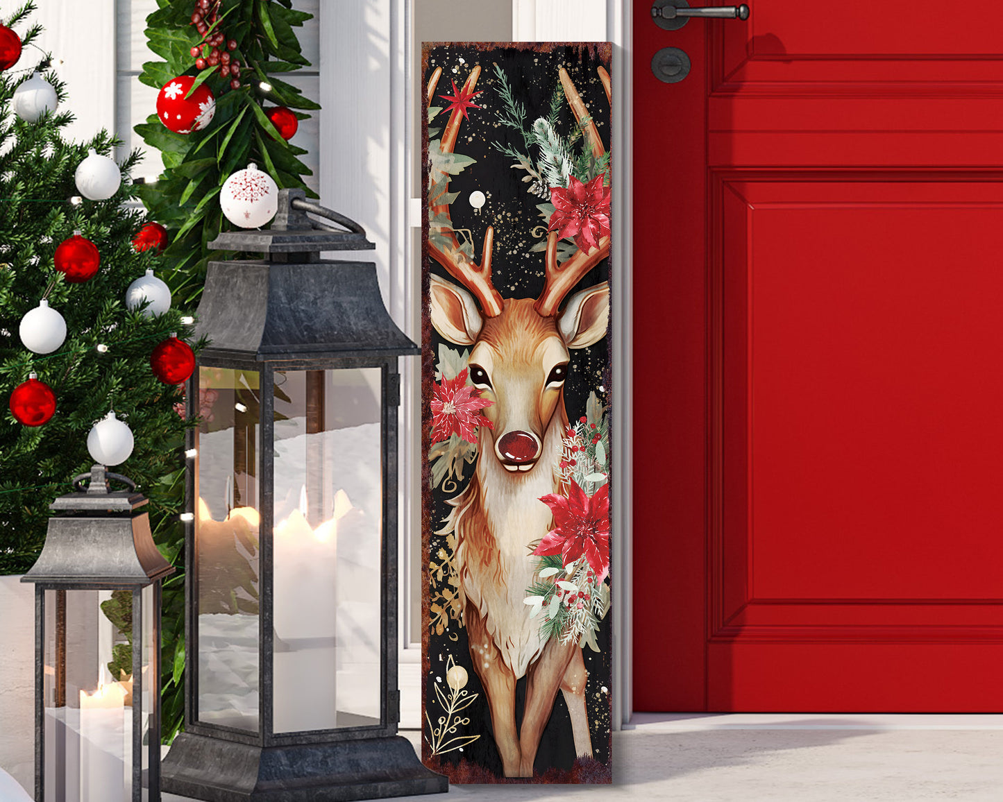 36in Rudolph Christmas Sign - Vintage Holiday Decor, Christmas Porch Decor, Vintage Reindeer Sign, Outdoor Holiday Christmas Decor