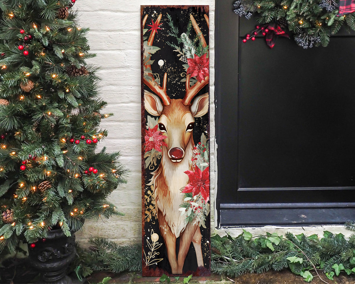 36in Rudolph Christmas Sign - Vintage Holiday Decor, Christmas Porch Decor, Vintage Reindeer Sign, Outdoor Holiday Christmas Decor