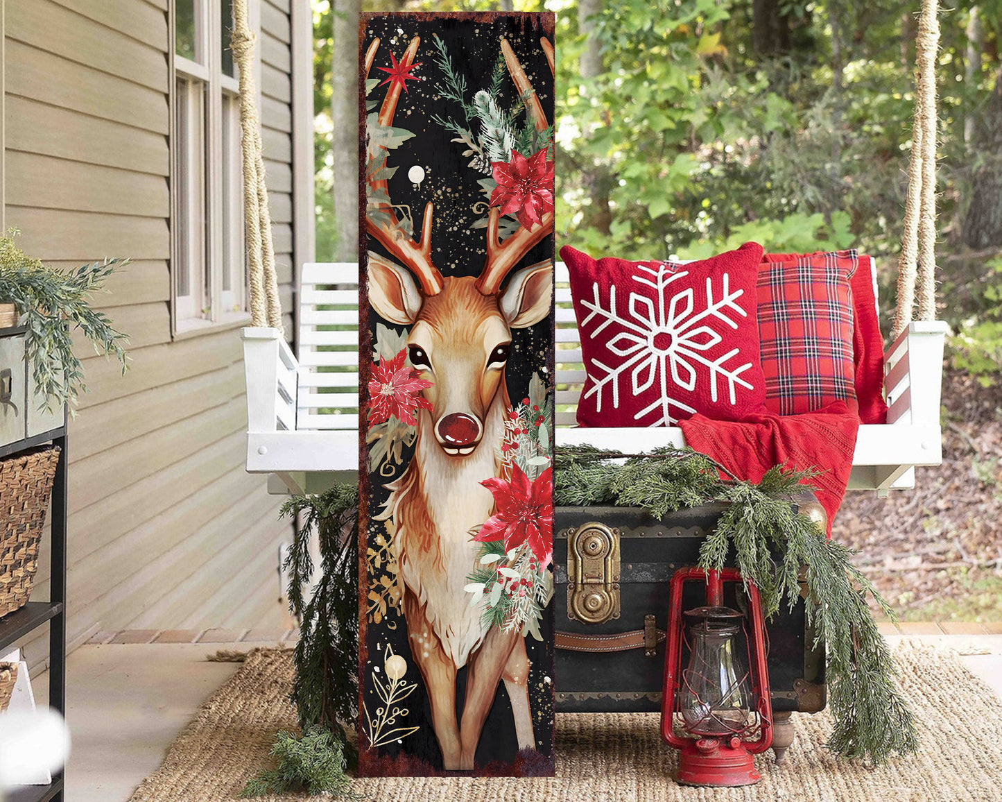 36in Rudolph Christmas Sign - Vintage Holiday Decor, Christmas Porch Decor, Vintage Reindeer Sign, Outdoor Holiday Christmas Decor