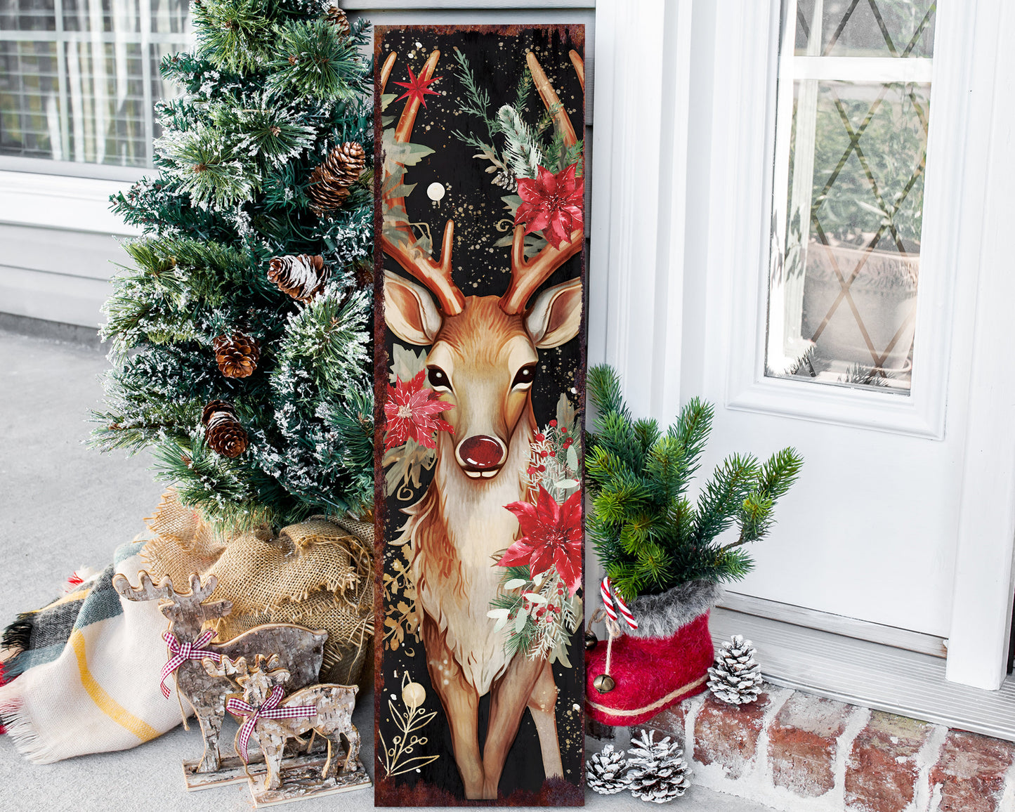 36in Rudolph Christmas Sign - Vintage Holiday Decor, Christmas Porch Decor, Vintage Reindeer Sign, Outdoor Holiday Christmas Decor