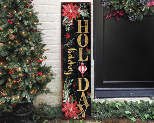 36in Happy Holiday Christmas Sign for Front Porch - Vintage Christmas Decoration, Rustic Modern Farmhouse Entryway Christmas Porch Sign