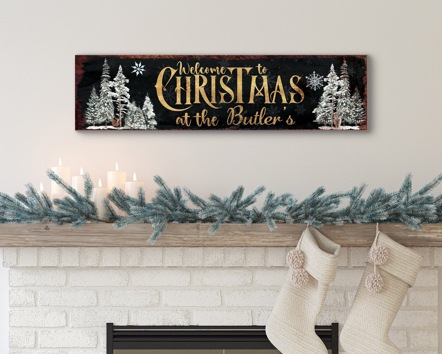 36in Welcome to Christmas At the [Family Name] Sign - Personalized Custom Family Name Sign, Modern Farmhouse Wall Decor, Holiday Art Print