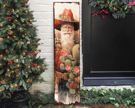 36in Cowboy Santa Christmas Porch Sign - Front Porch Welcome Sign, Modern Farmhouse Wall Decor, Vintage Christmas Decor for Outdoor