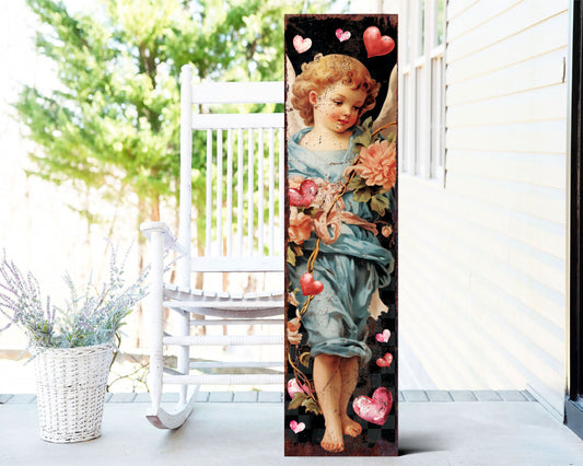 Rustic Modern Farmhouse Entryway Board - 36in Cupid Valentine's Day Porch Sign, Front Porch Valentine's Welcome Decor