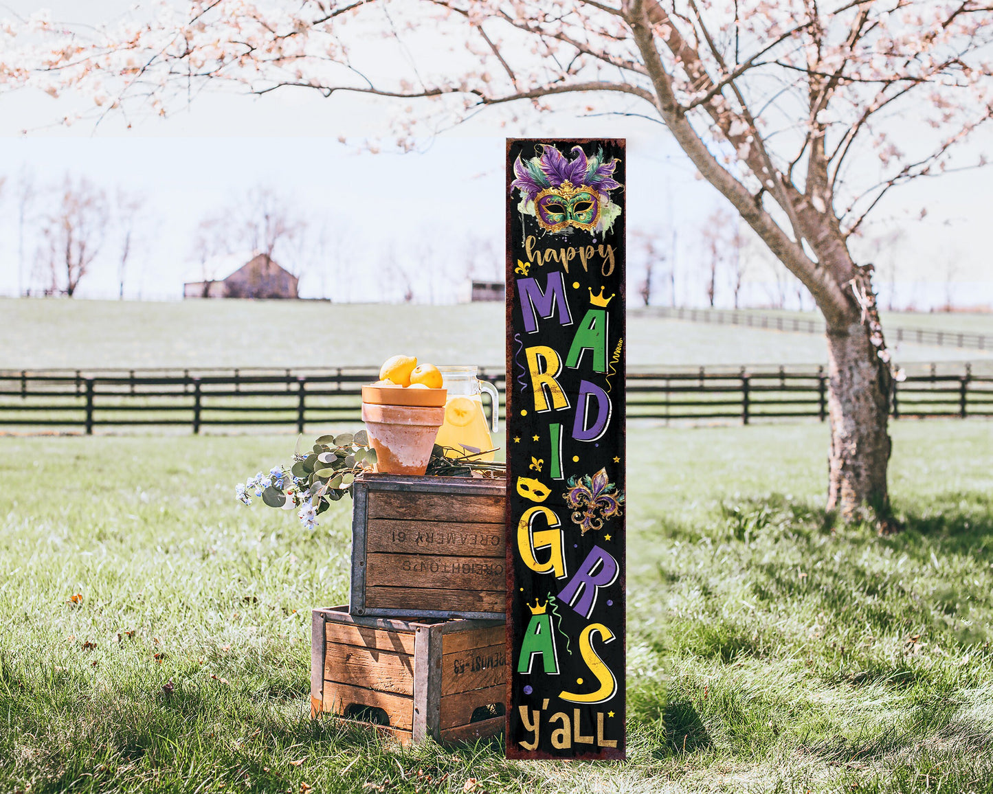48-Inch 'Mardi Gras Y'all' Porch Sign, Rustic Modern Farmhouse Entryway Board, Front Porch Mardi Gras Welcome Sign