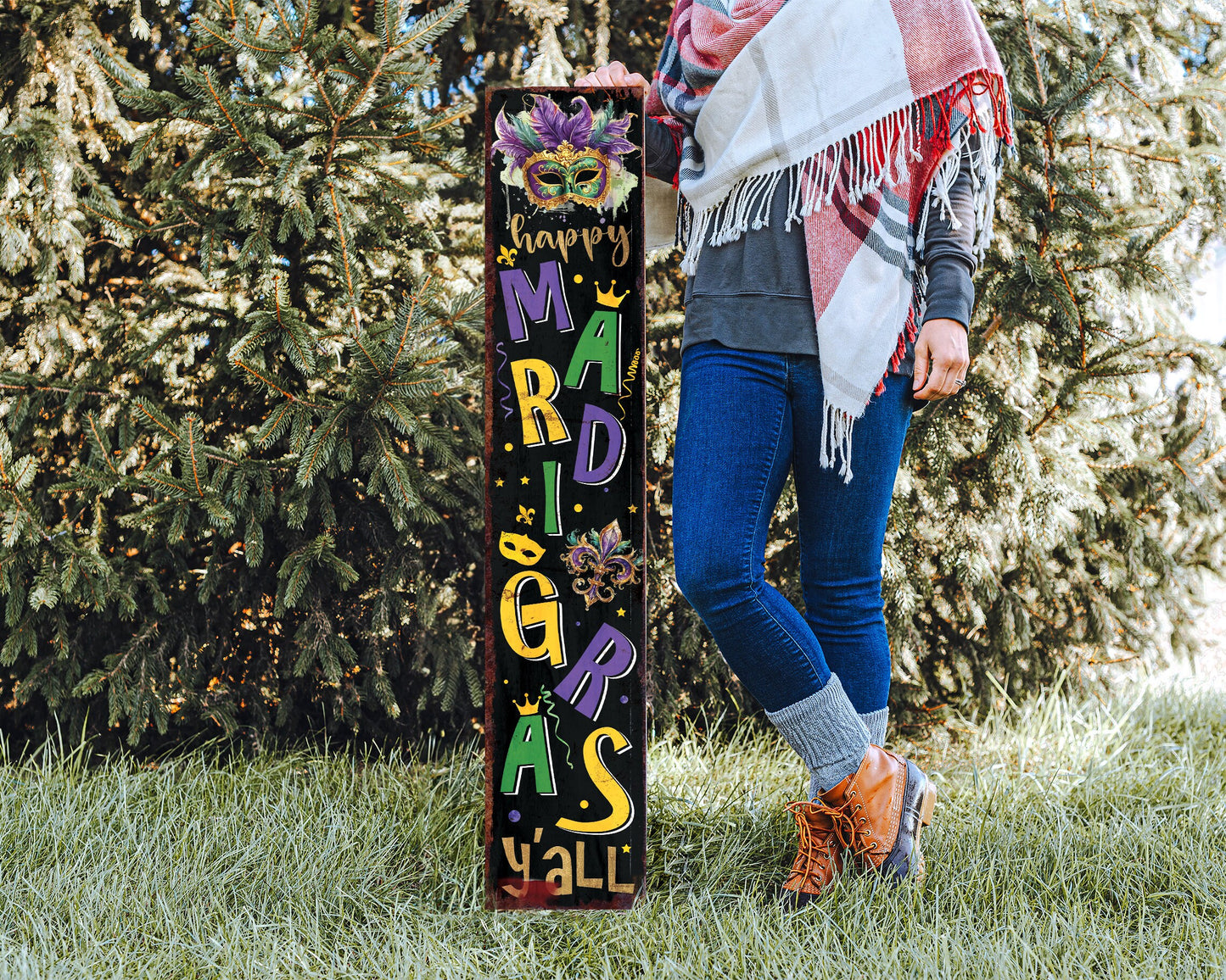 48-Inch 'Mardi Gras Y'all' Porch Sign, Rustic Modern Farmhouse Entryway Board, Front Porch Mardi Gras Welcome Sign