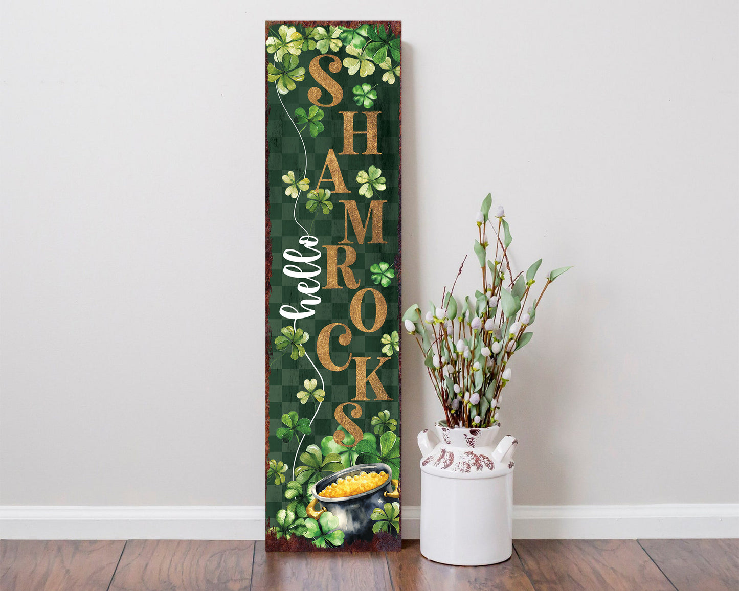 36-Inch Rustic Modern Farmhouse Entryway St. Patrick's Day "Hello Shamrocks" Sign for Front Porch, St. Patrick's Outdoor Decor for Front Door